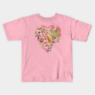 Floral Heart with Yellow Budgie Bird Kids T-Shirt